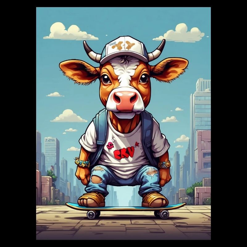 Comic Kuh auf Skateboard