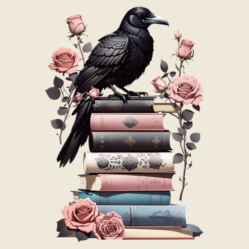 Bücherstapel mit Rabe