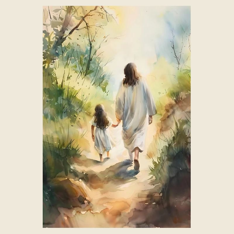 Jesus Wandeln Mit Einem Mädchen, Aquarellmalerei,
