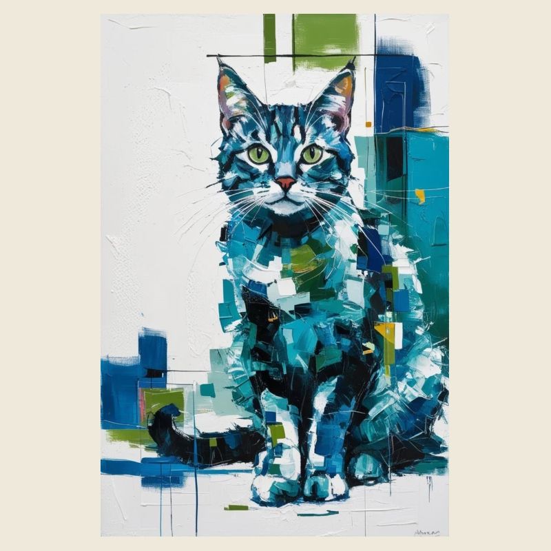 Chat abstrait en bleu vert / Numérique / Affiche #2