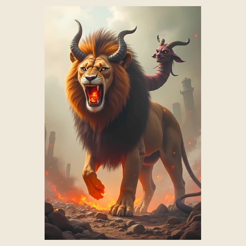 Chimera, three-headed monster, lion breathing fire