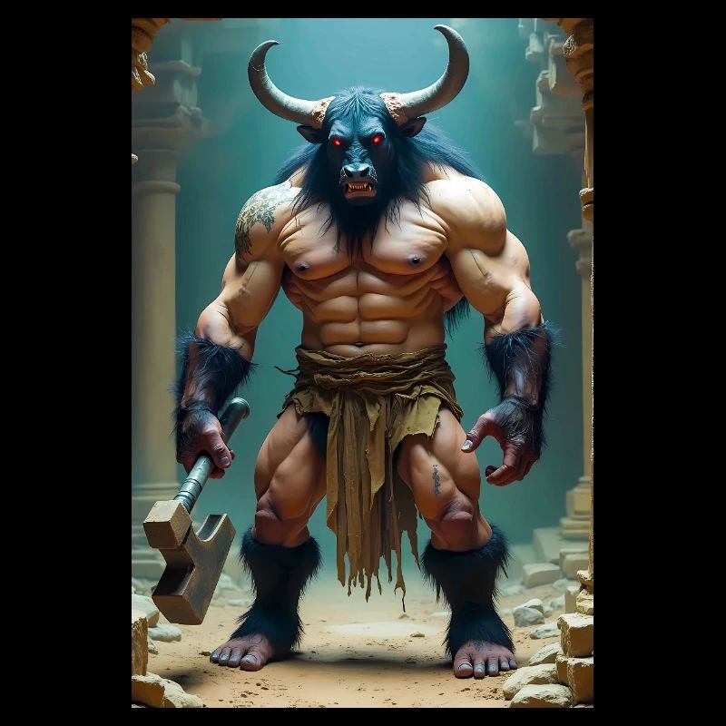 Minotaur, massive bull-headed warrior gripping axe