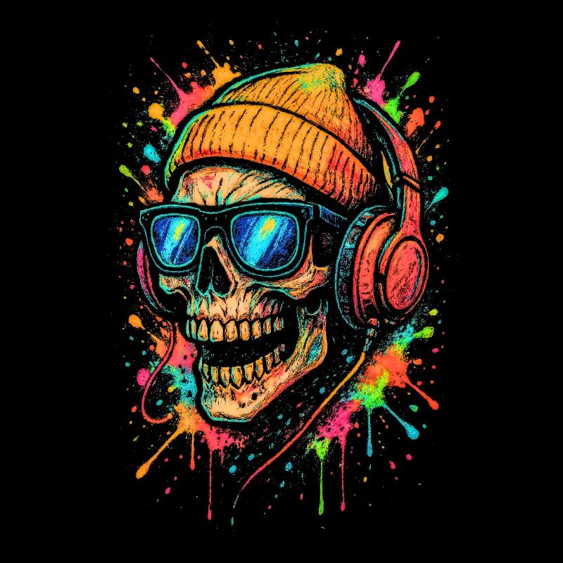 Buntes Skull mit Kopfhörern und Sonnenbrille
