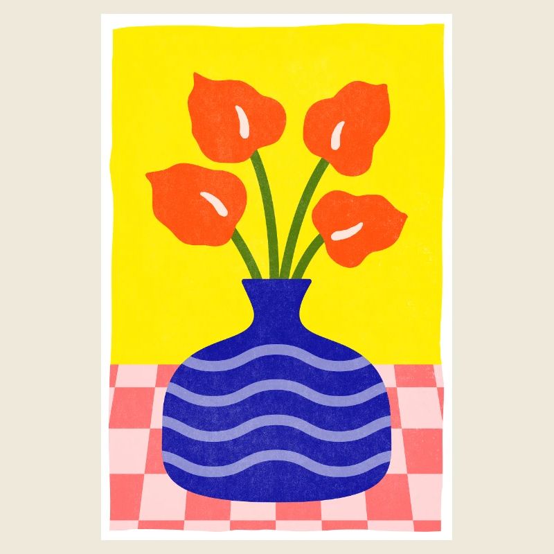 Abstrakte Kunst Blauer Topf und Blume Retro-Stil