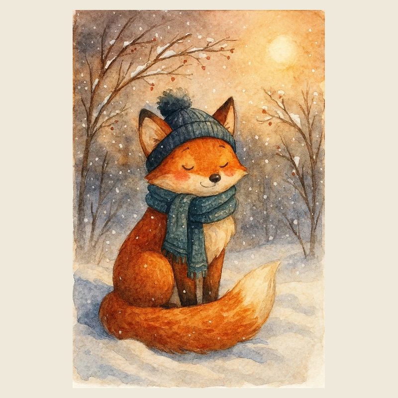 Winterfuchs mit Schal und Mütze