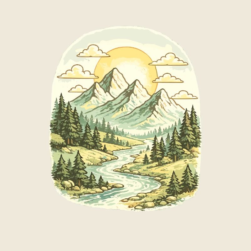 Mountain panorama morning light forest river