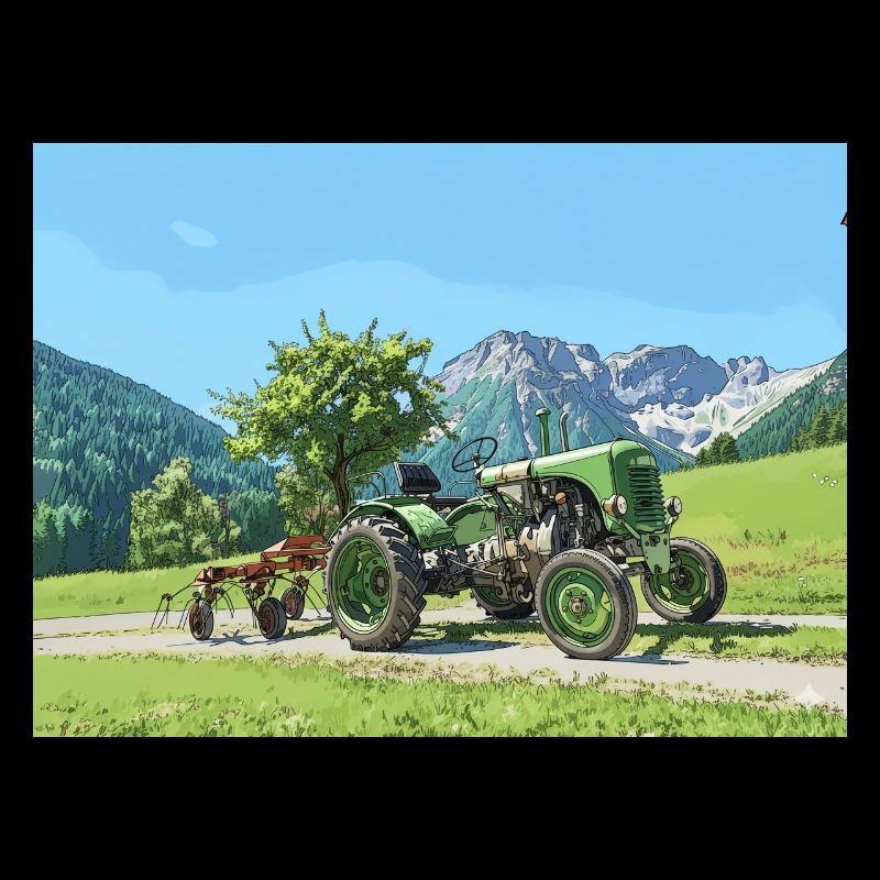 Green Vintage Tractor Alpine Landscape 15er Steyr