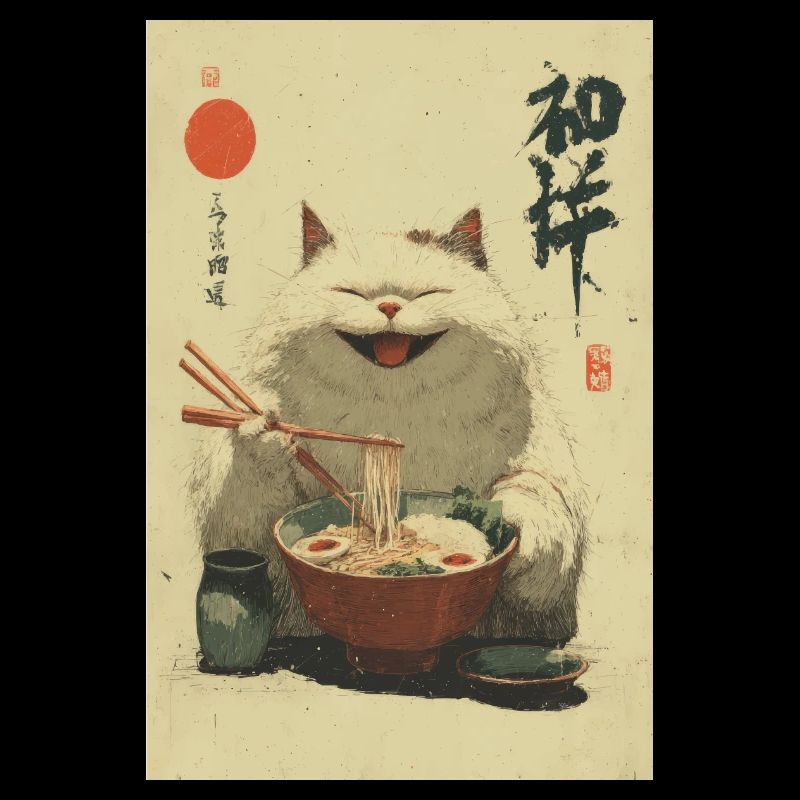 Chat blanc heureux sirotant des ramen
