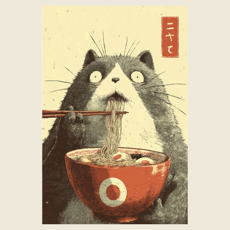 Chat choqué mangeant des ramen