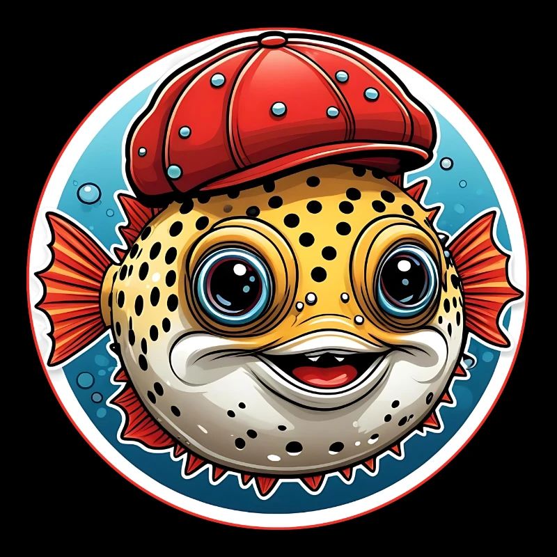 Funny puffer fish with red baseball cap