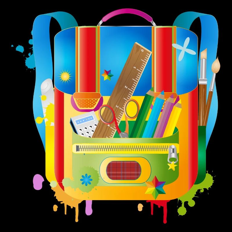 kunterbunter Schulranzen mit Schulzubehör