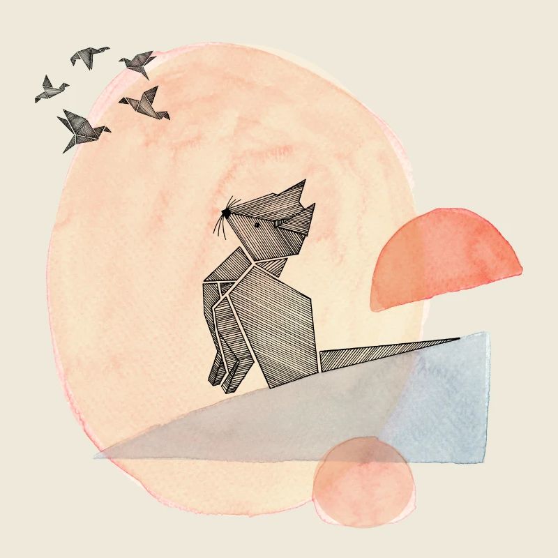 Illustration de l’origami du chat et des oiseaux