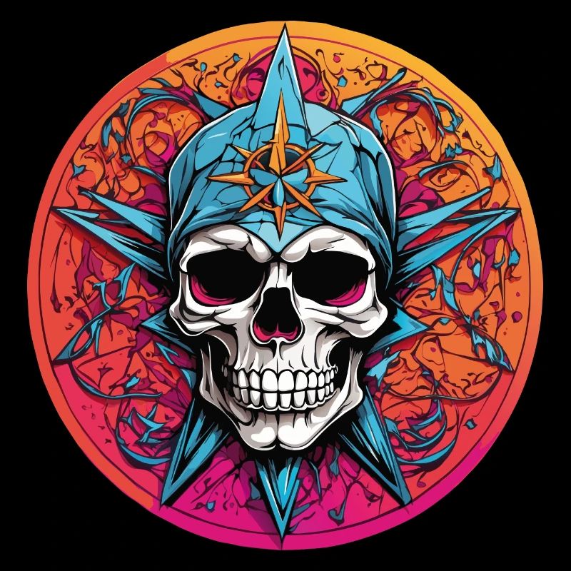 Totenkopf mit bunter Haube mit Dekoelementen