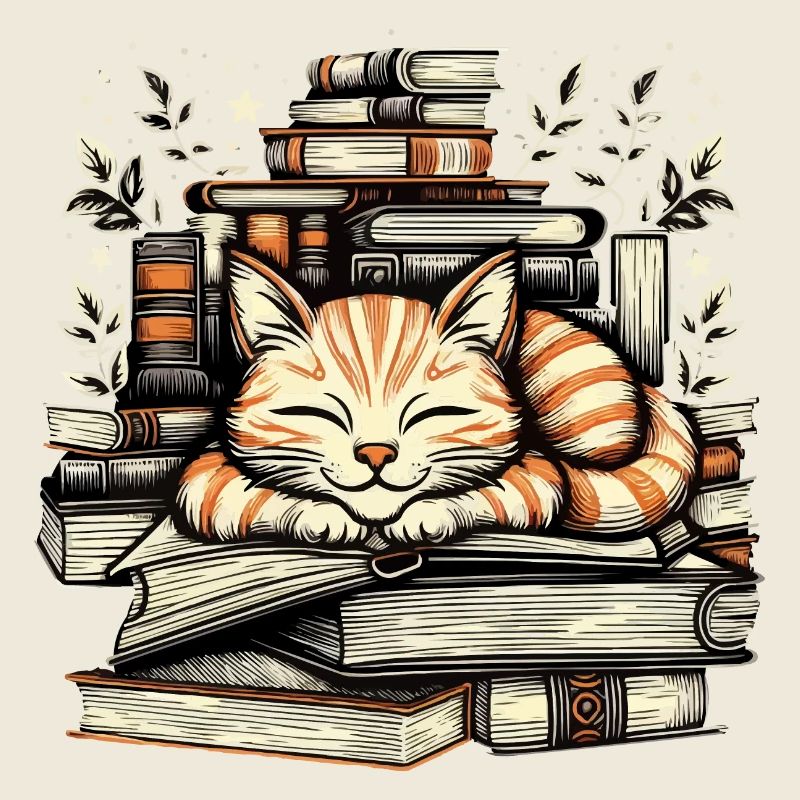 CHAT DOUILLET FAISANT UNE SIESTE SUR DES LIVRES