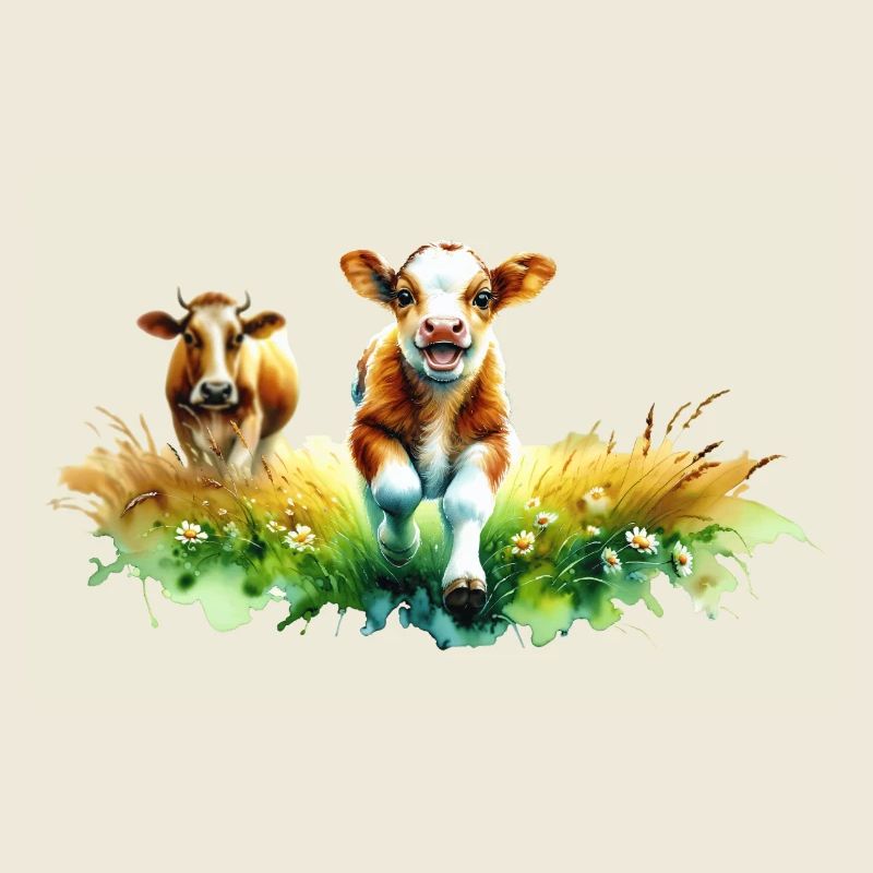 Verspieltes Kalb in der Sommerlandschaft