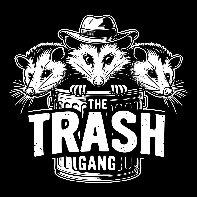 Trash gang three possums look out of the garbage can
