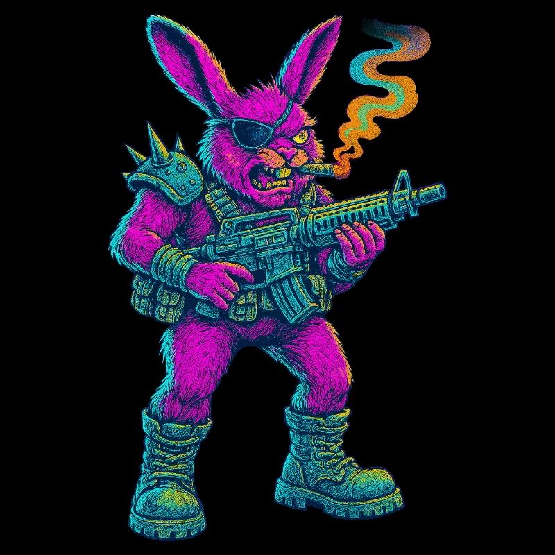 Neon Punk Bunny mit Zigarre und Gewehr