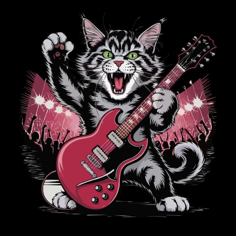 Rockende Katze mit E-Gitarre – Wildes Musikdesign