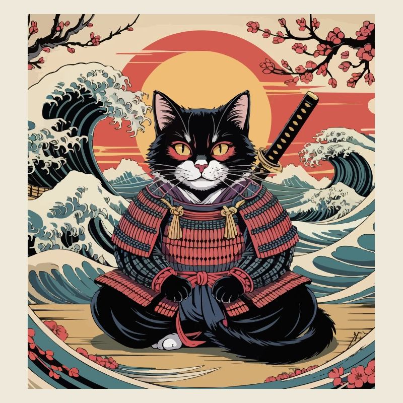Samurai Cat with Sunset and Waves – Jap