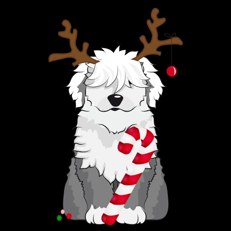 Bobtail dog with candy cane and reindeer antlers