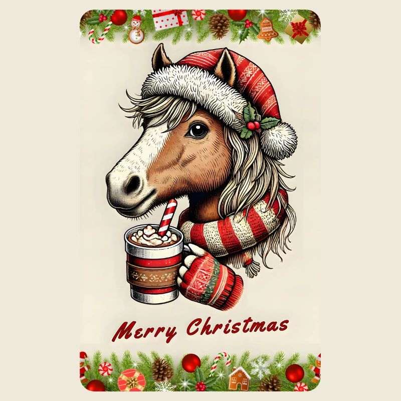 Weihnachtspferd mit heißer Schokolade