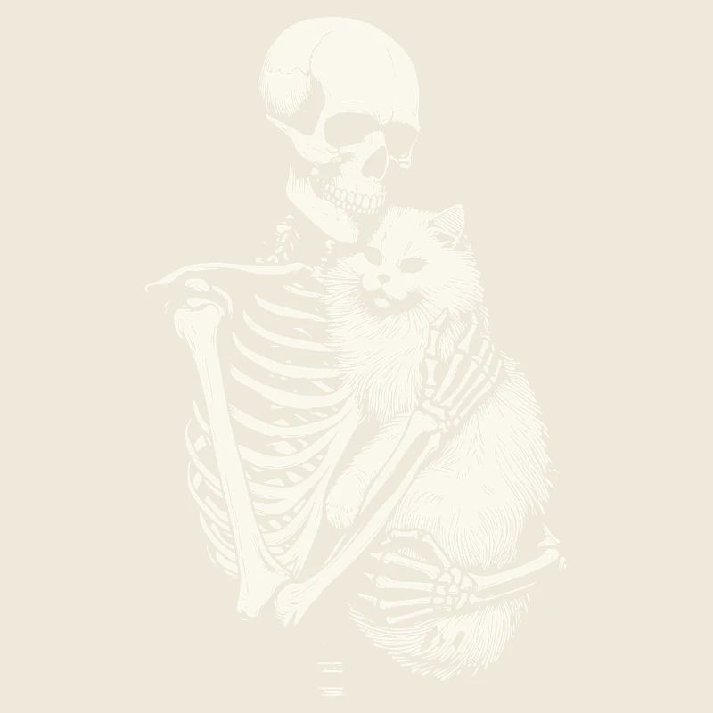 Skeleton hugging cat