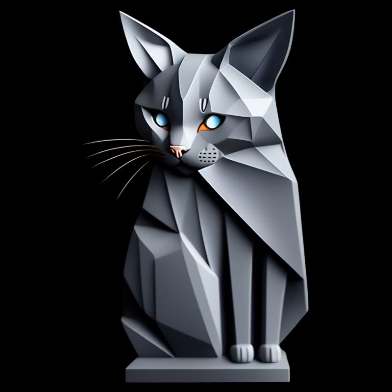 Chat gris origami, futuriste de face