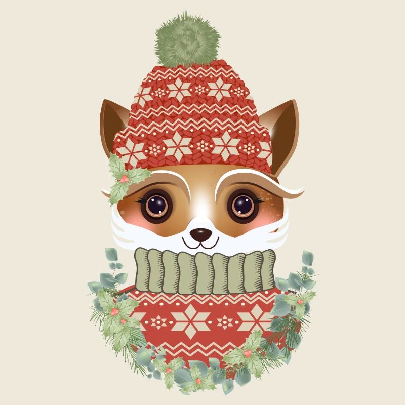 niedlicher Fuchs mit Pullover,Bommelmütze & Kranz