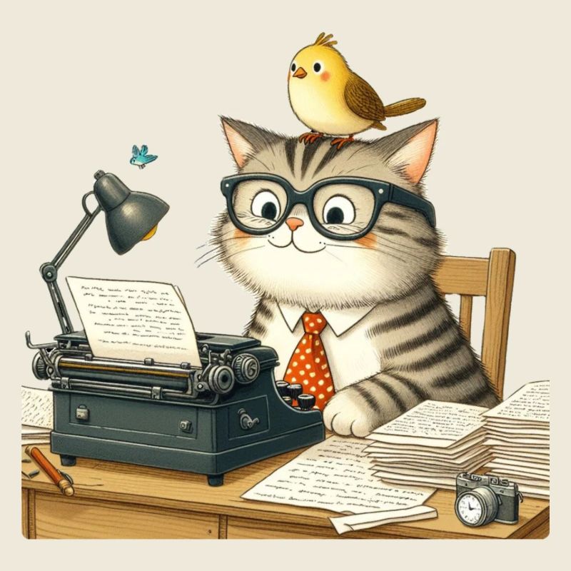 Katze, Vogel, Schreibmaschine