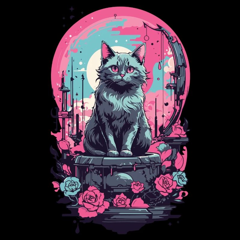 Gothic Pastel Cat with Moon and Roses