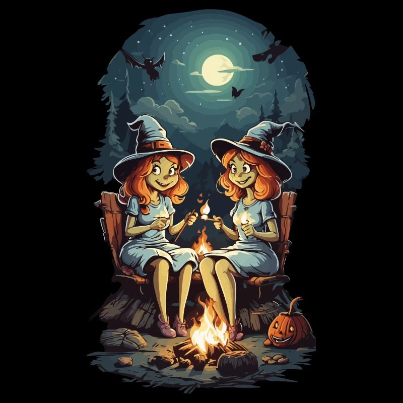 Drôles de sorcières épelent feu de camp Halloween Cartoon