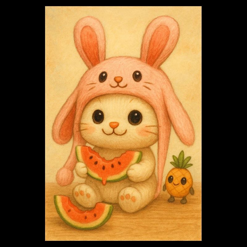 Lapin pastèque au chapeau rose