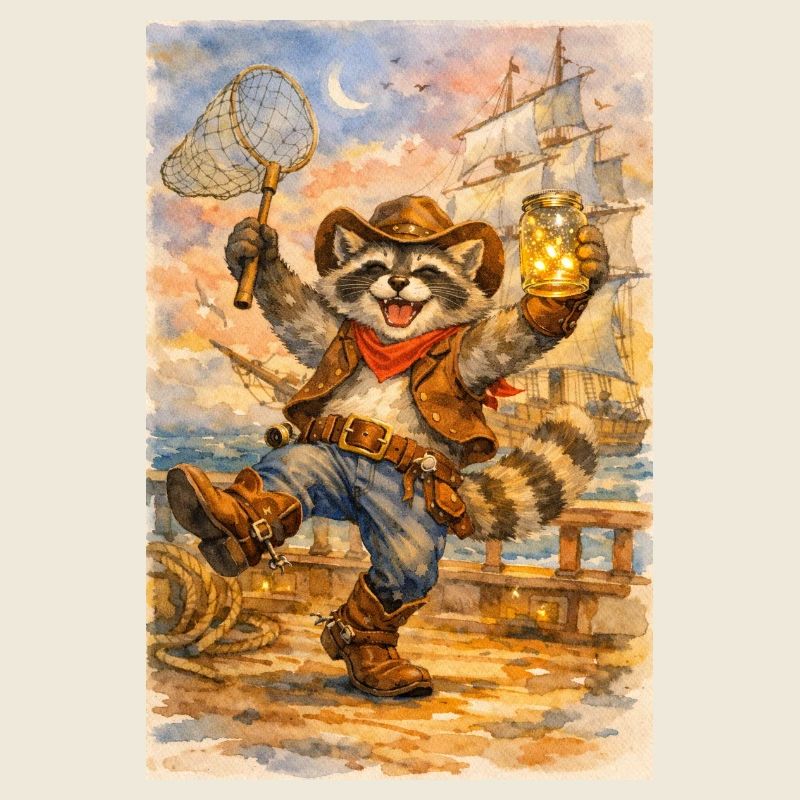 Raccoon cowboy with firefly jar