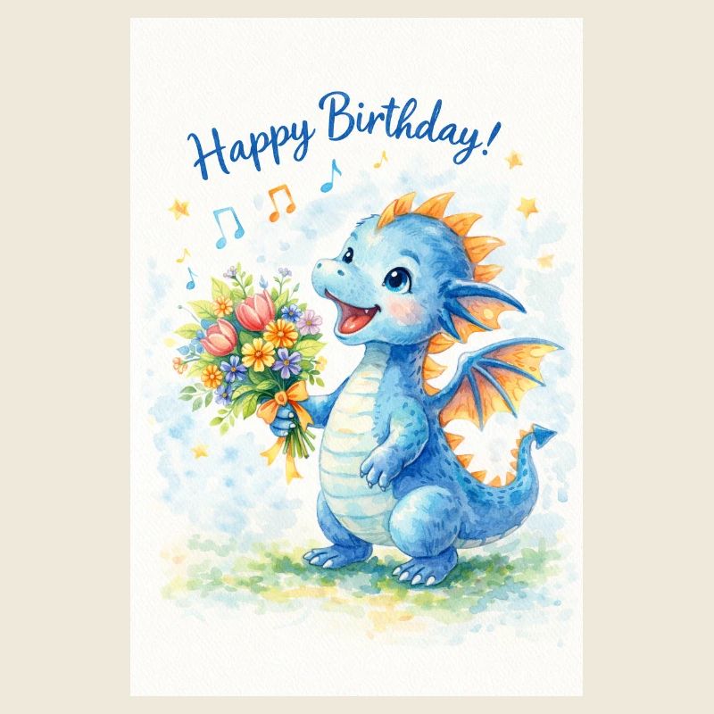 Blauer Drache mit Blumenstrauß