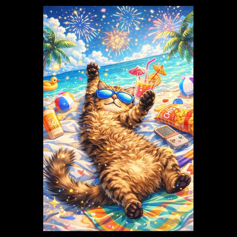 Tropical cat partying on the beach