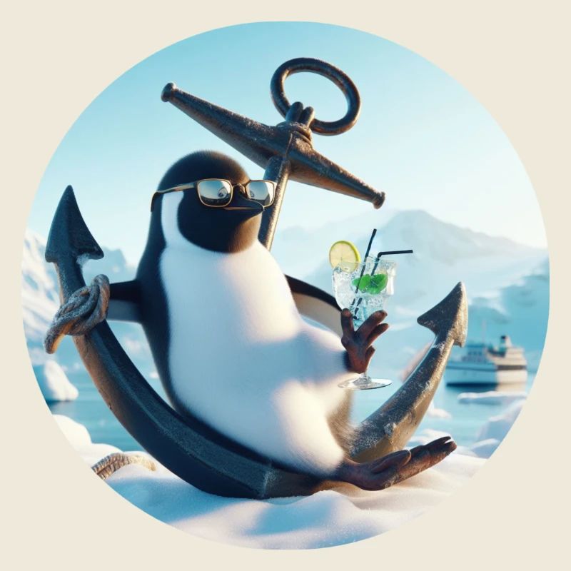 Lässiger Pinguin sitzt auf Anker und trinkt