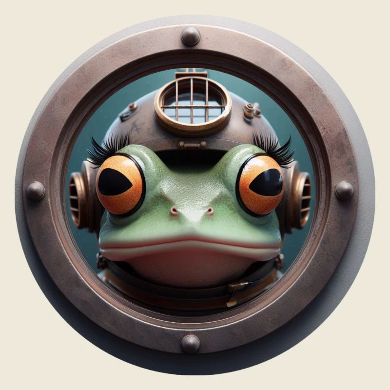 Grenouille avec casque de plongée regardant à travers le hublot