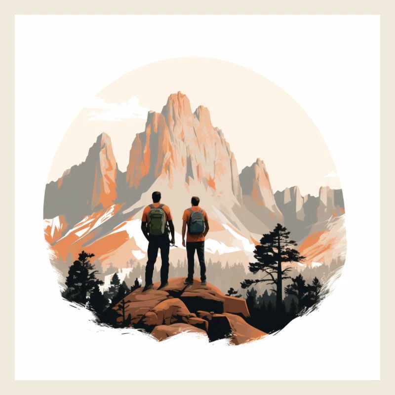 Hikers in front of an alpine landscape