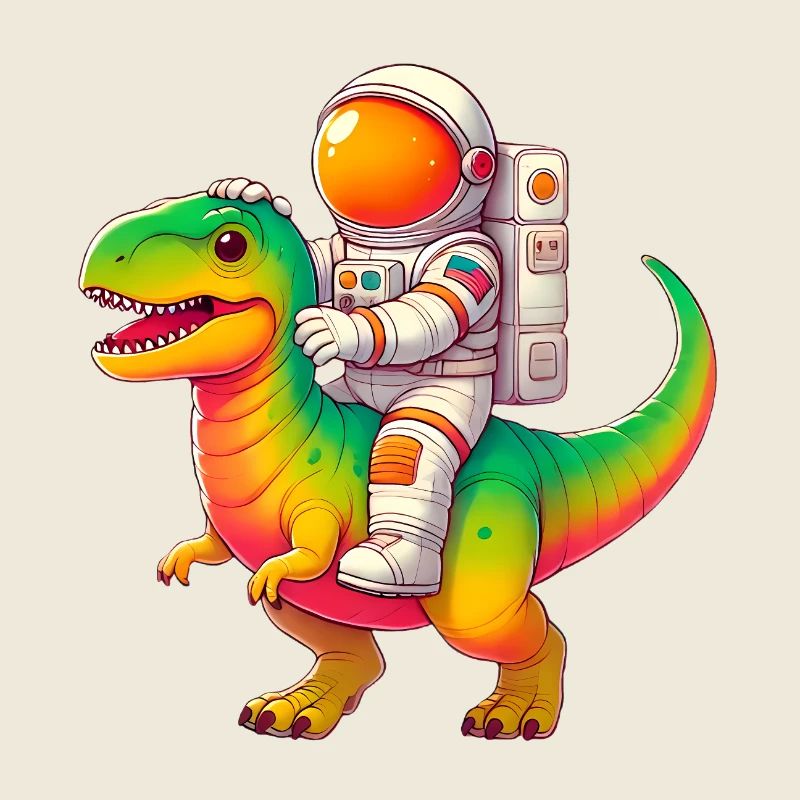 Astronaute chevauchant un TRex coloré