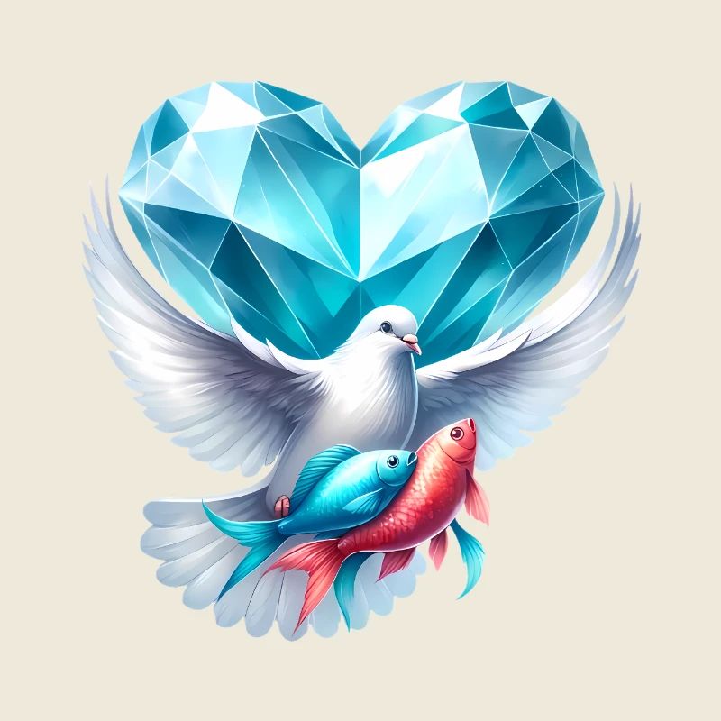 Colombe avec cœur bleu et motif de poisson