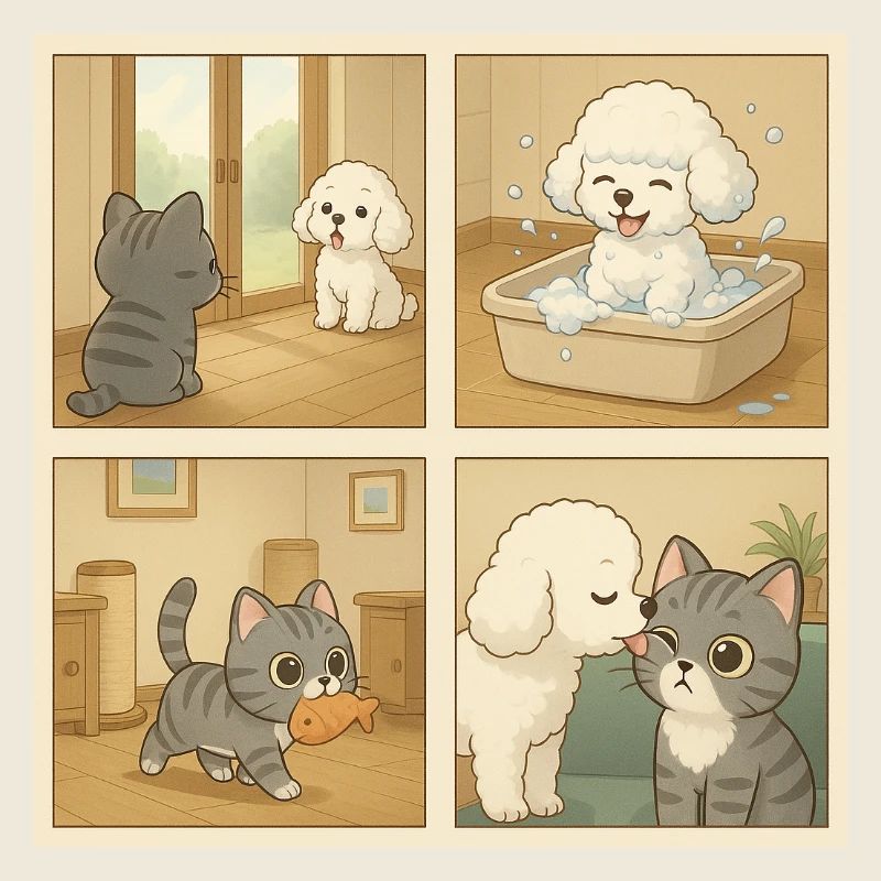 Entzückende Szene mit Hunden und Katzen zu Hause
