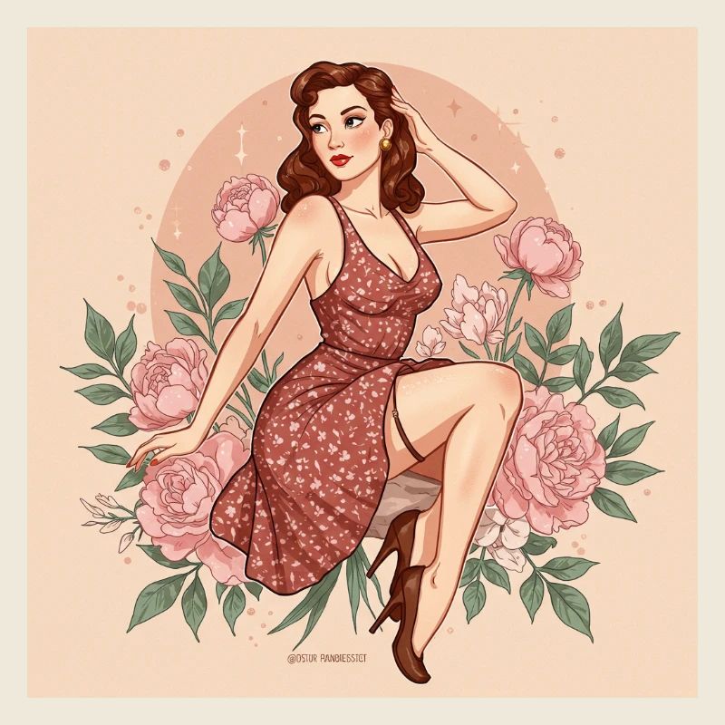 Retro Damen Figur mit Blüten und 50s Stil