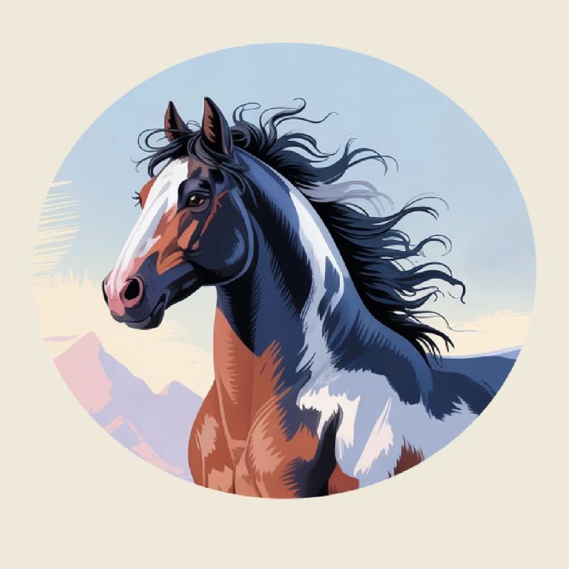 Tinker stallion galloping in mountain landscape