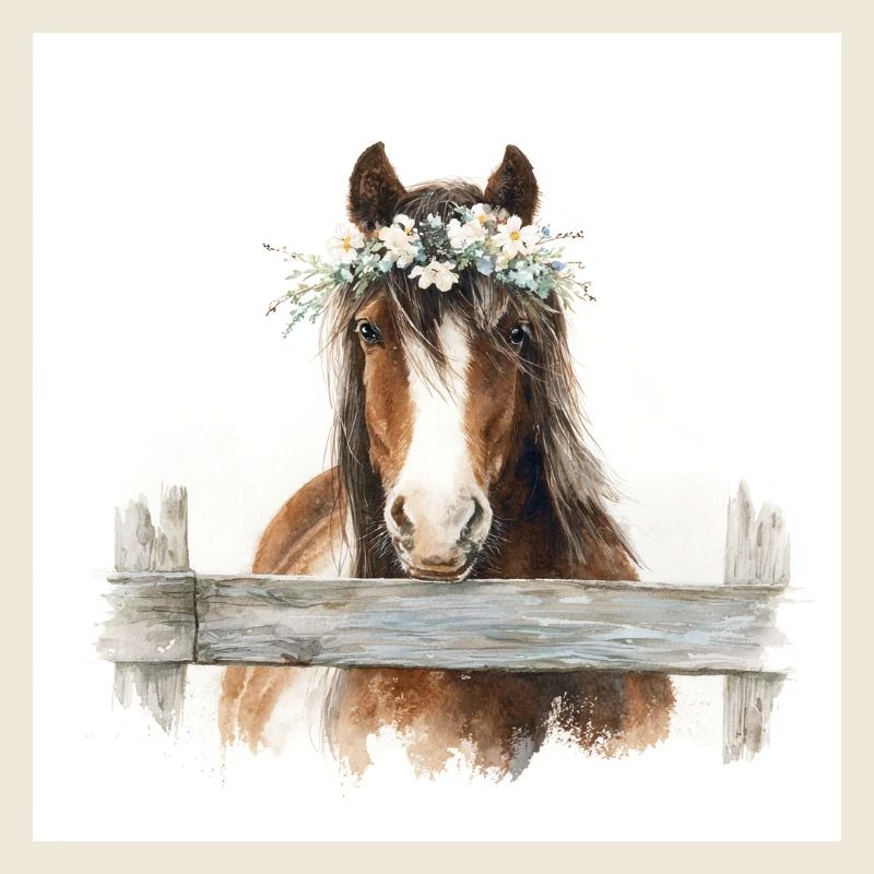 Blütengekröntes Pferd über Zaun