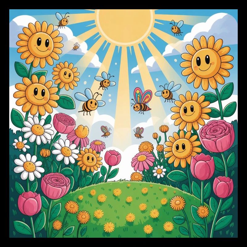 Jardin de fleurs ensoleillé avec des abeilles