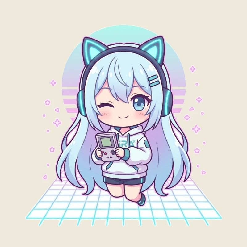 Kawaii Gamerin mit Katzenohren