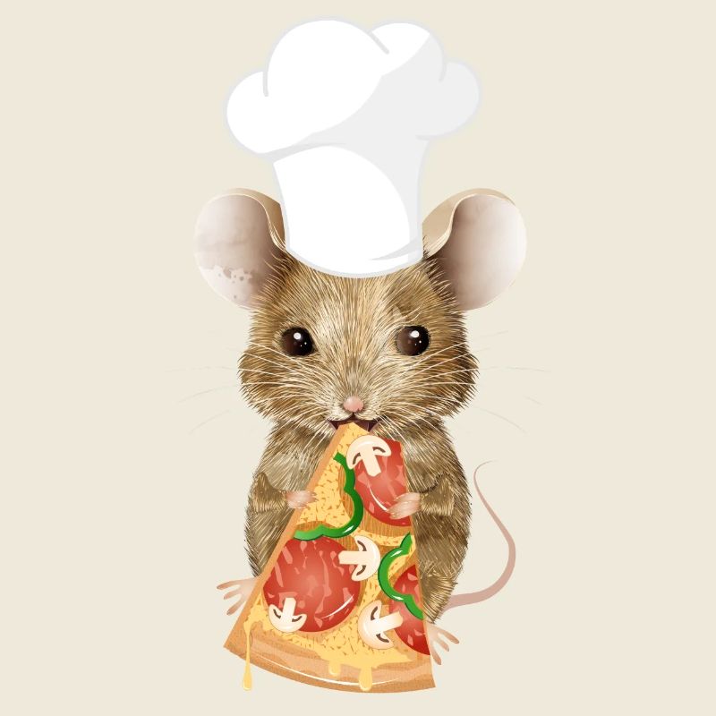 Souris en pizzaïolo avec une part de pizza