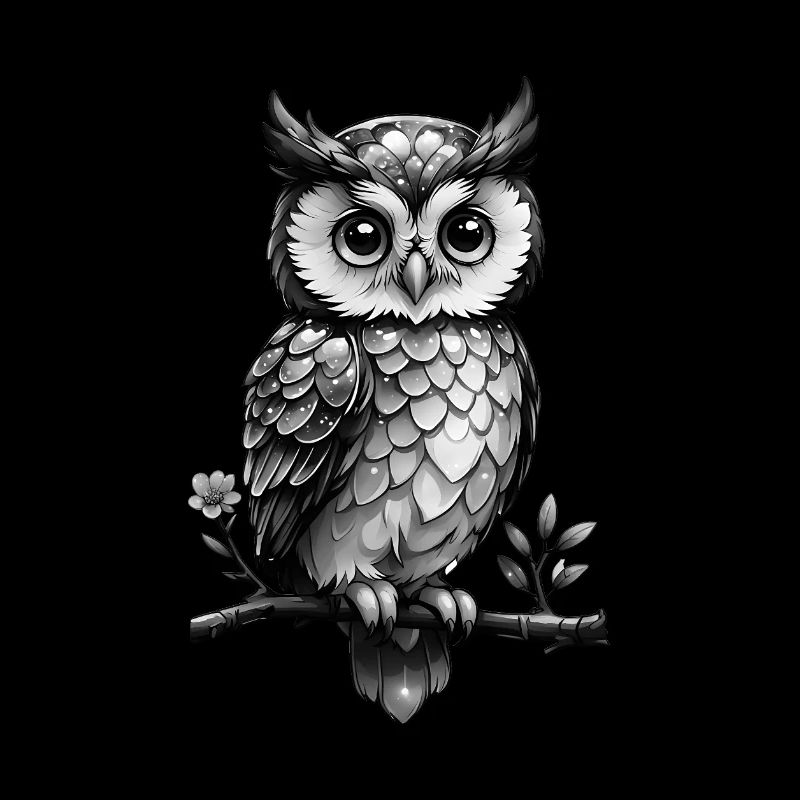 Eule auf einem blühenden Ast - schwarz weiß