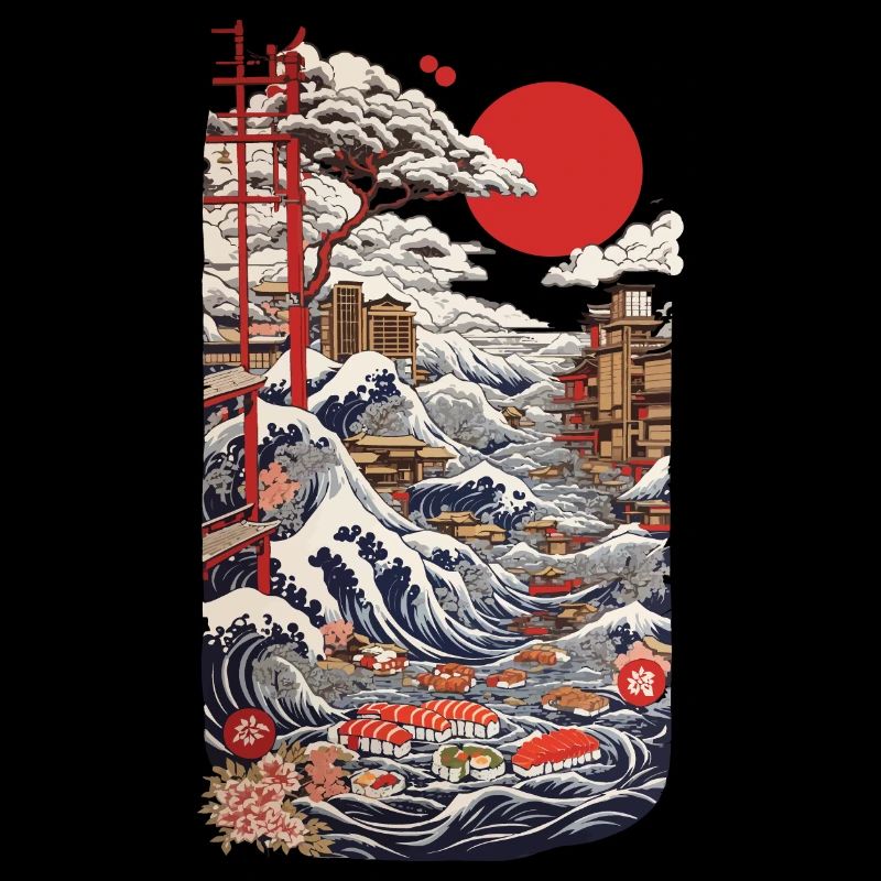 Retro Ukiyo-E Sushi mit Kirschblüten Otaku Kunst