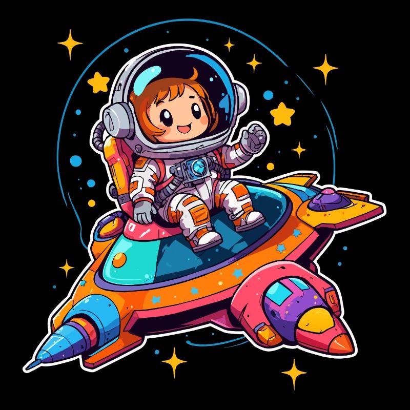 Petite astronaute féminine dans un vaisseau spatial coloré